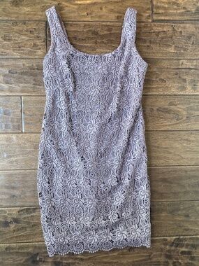 Ignite Evenings Cocktail Pencil Dress sz 10 Lace Gunmetal Metallic Wedding Guest